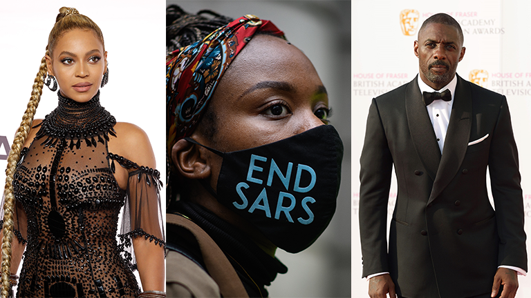 Split photo of Beyoncé, End SARS Protest, and Idris Elba 2