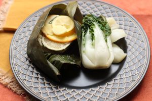 Banana Leaf Wrapped Halibut with Bok Choy