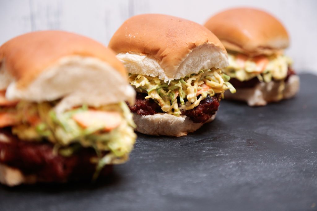 BBQ Vegetarian Burger Sliders with Brussel Sprout Slaw