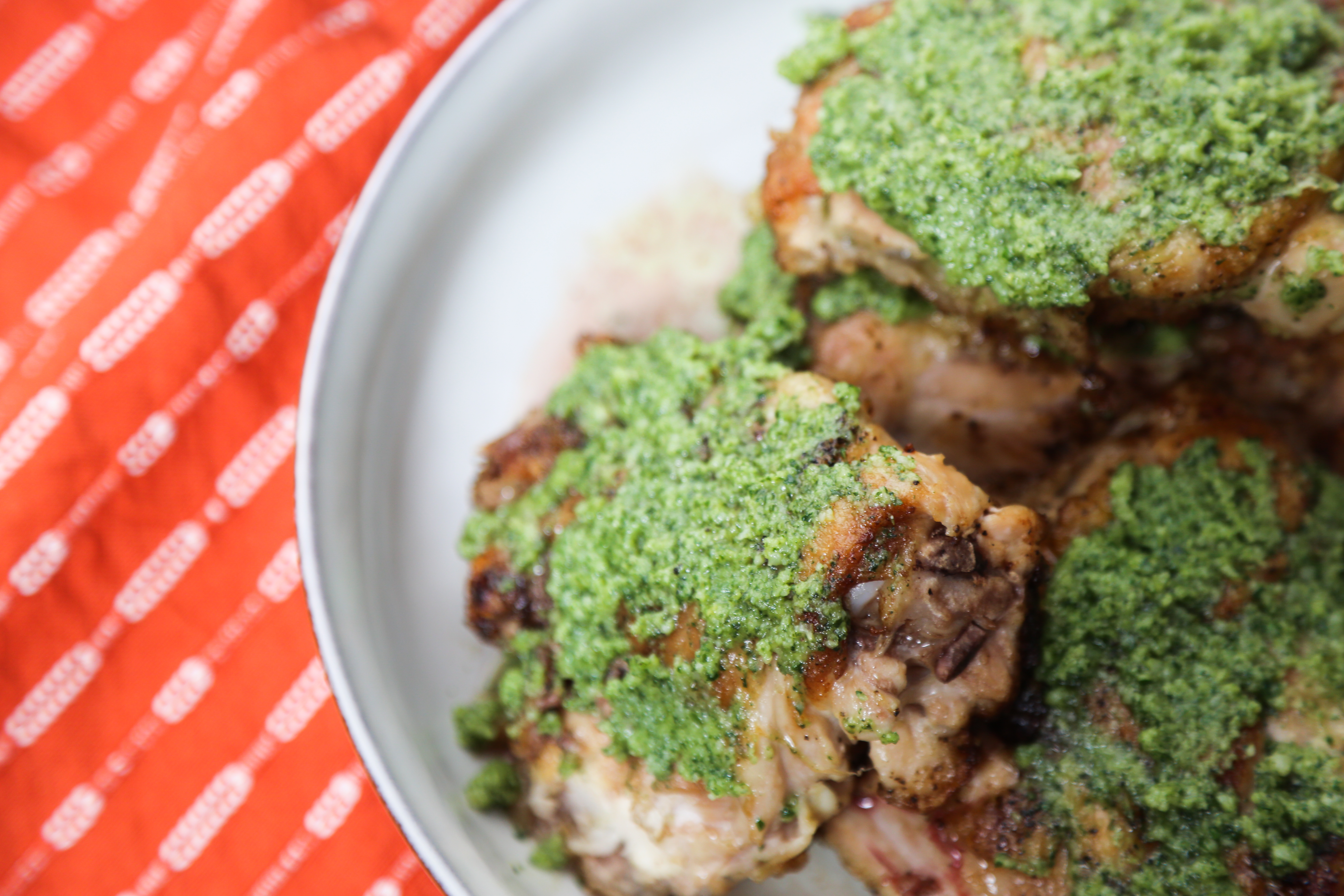 Crazy Good Pesto Chicken Thighs & Mashed Parsnip Potatoes