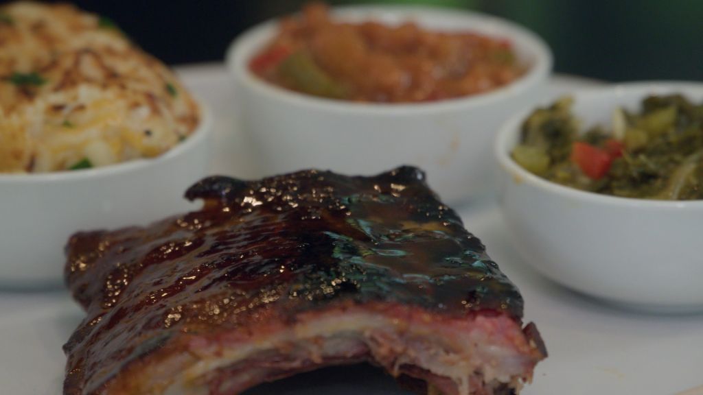 Smoked Mac and Cheese, Smoked Ribs, and Greens cooked by Chef Butterknife Shawty