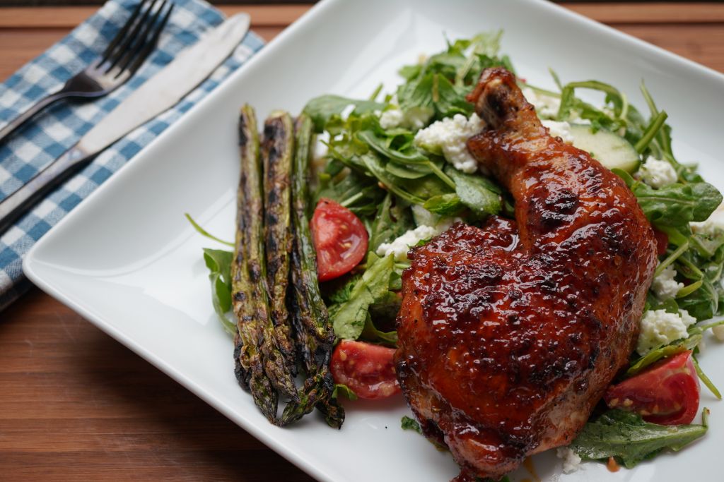 Guava Haberno Glazed Pan Roasted Chicken Leg Quarters with Israeli Coucous Salad