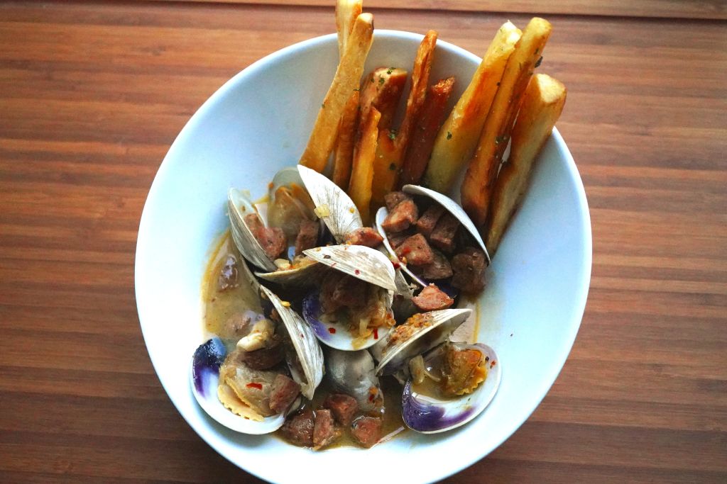 Yucca Fries with Clams & Chorizo