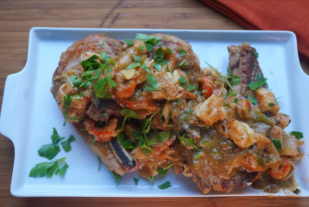 Pork Chops with a Shrimp & Crawfish Gravy recipe, Just Eats with Chef JJ ep. 529