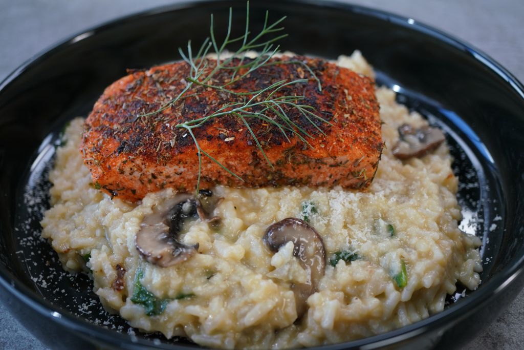 Seared Blackened Salmon with Parmesan Mushroom & Spinach Risotto