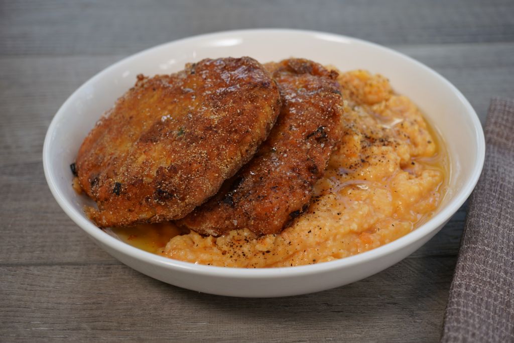 Salmon and Croquettes with Sweet Potato Grits