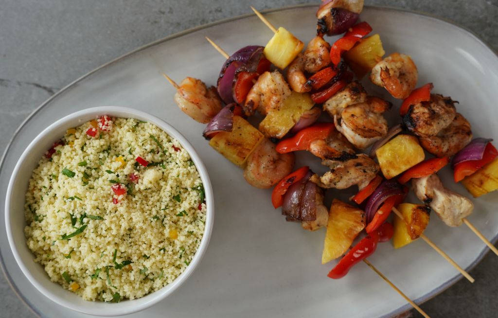 Marinated Grilled Chicken and Shrimp Kebabs