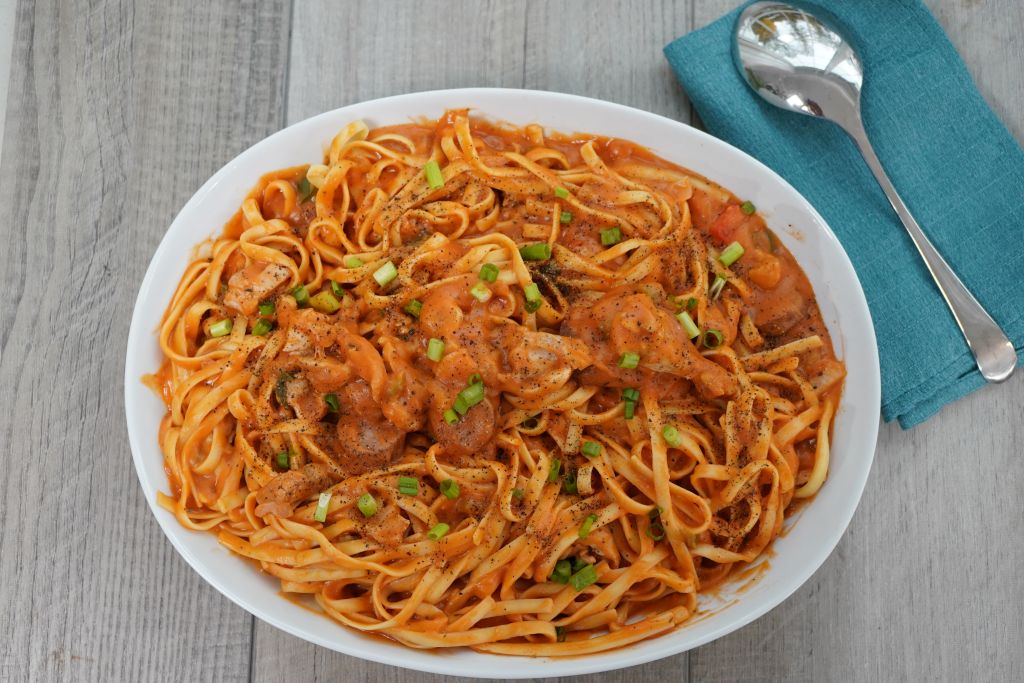 Chicken & Sausage Etouffee over Linguine Pasta