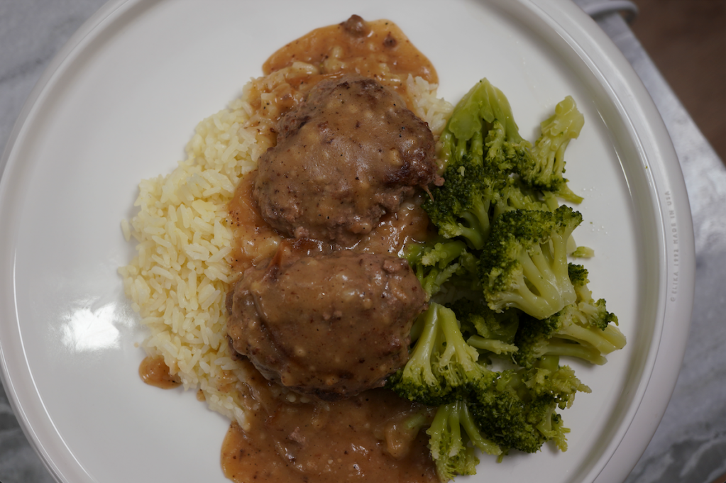 Salisbury Steak in Onion Gravy Over Rice served with Broccoli recipe, Cooking Sessions with Tamar & Ms. E