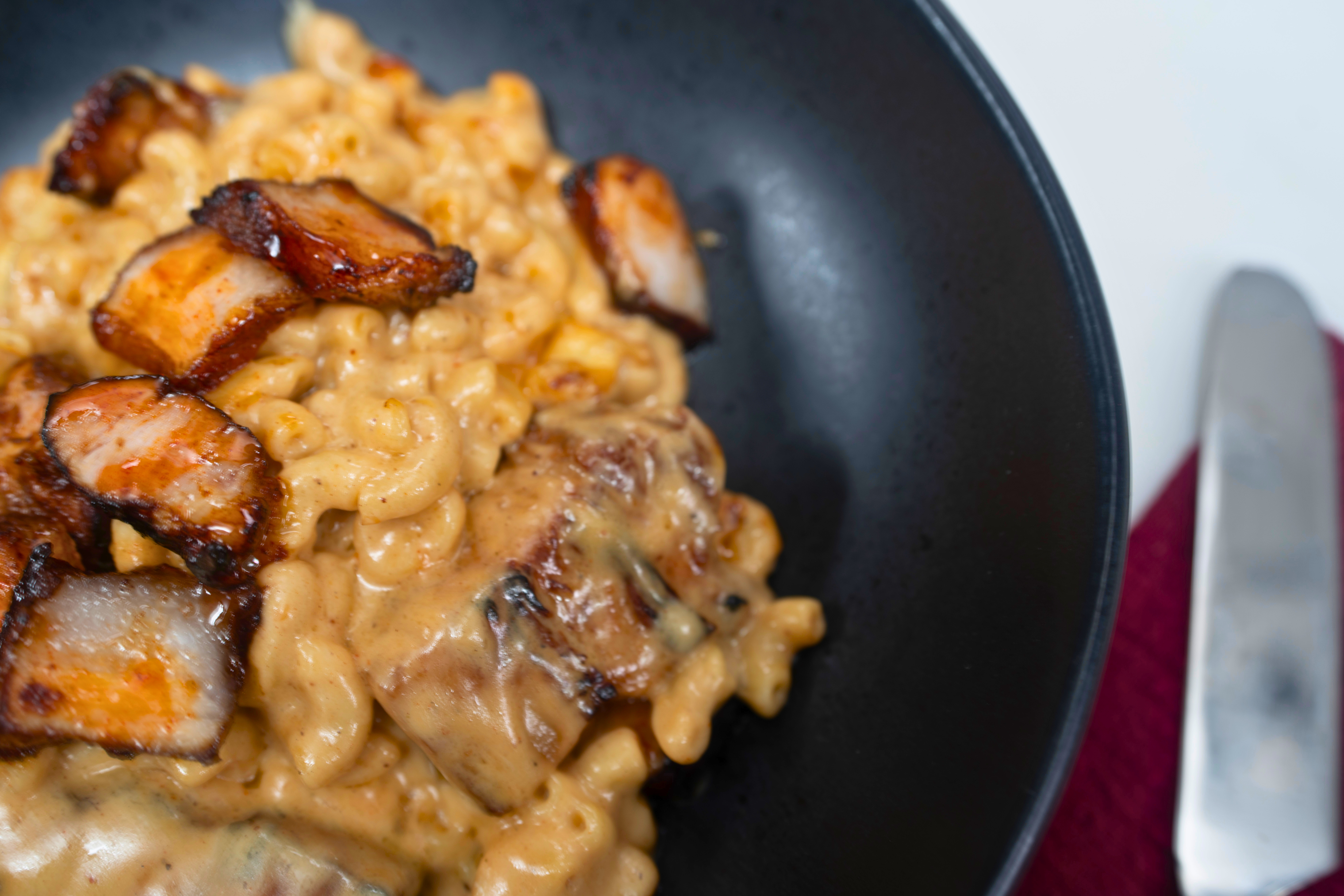 Mac & Cheese Topped with Crispy Pork Belly