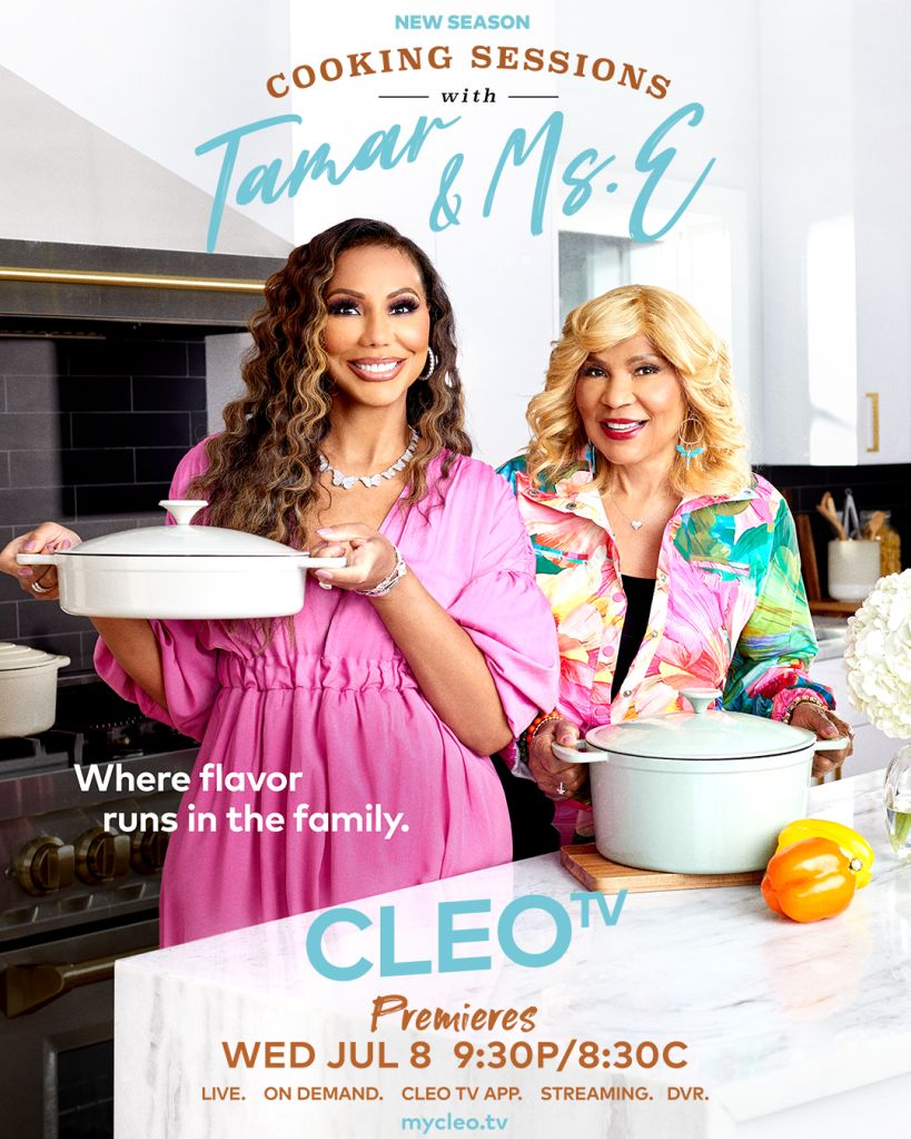Two women in colorful outfits smiling and holding cooking pots, promoting "Cooking Sessions with Tamar & Ms. G" on CLEO TV.